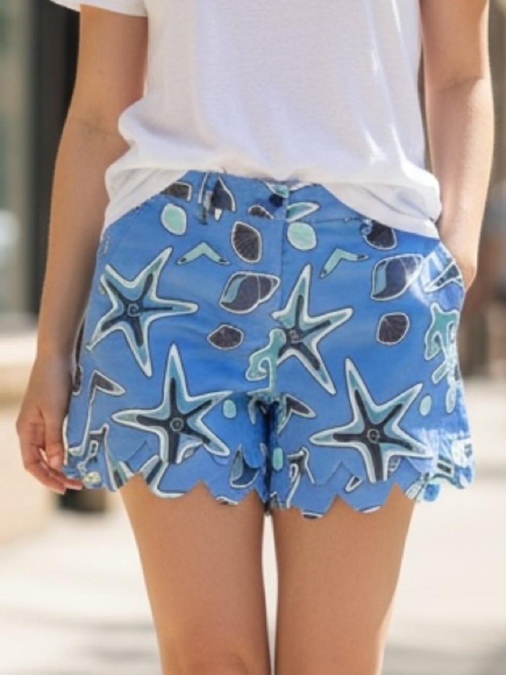 Jade Melody Tam Blue Scalloped Hem Coastal Print Shorts – Size 2